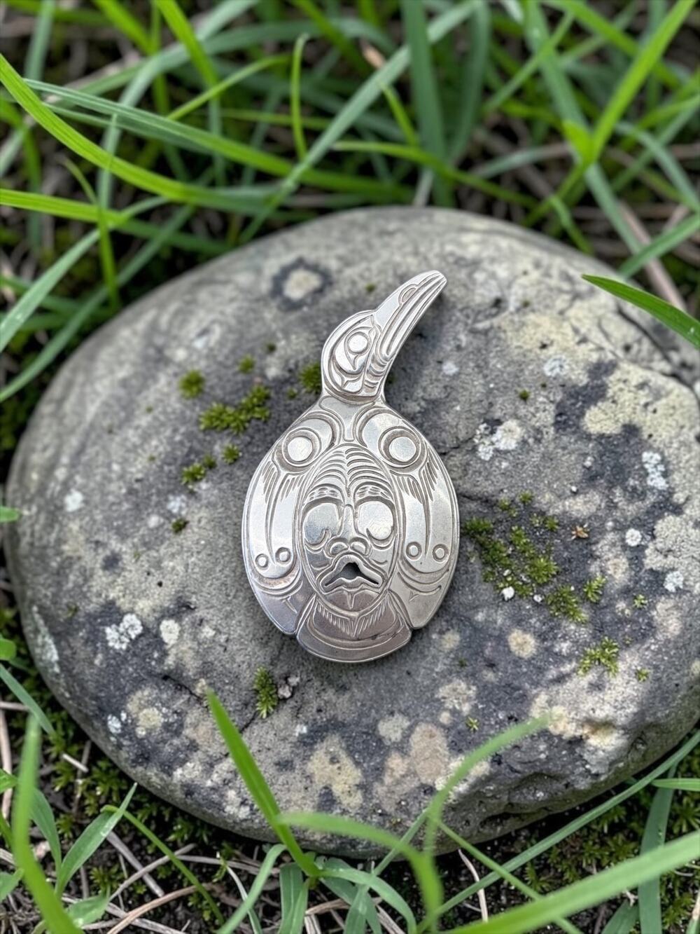 Vintage First Nations Sterling Silver Engraved Raven Mask Pendant by Alfred Seaw